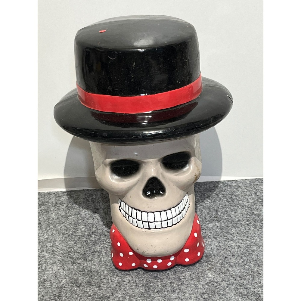 Vintage Halloween Dapper Skull Figurine Top Hat Red Polka Dot Bow Tie  Decor
